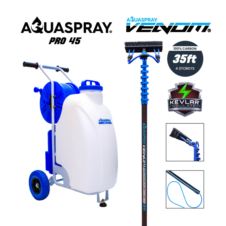Aquaspray Pro 45L Battery Operated Water Spray Tank with Aquaspray Venom 35ft 100% Carbon Fibre Waterfed Window Cleaning Pole