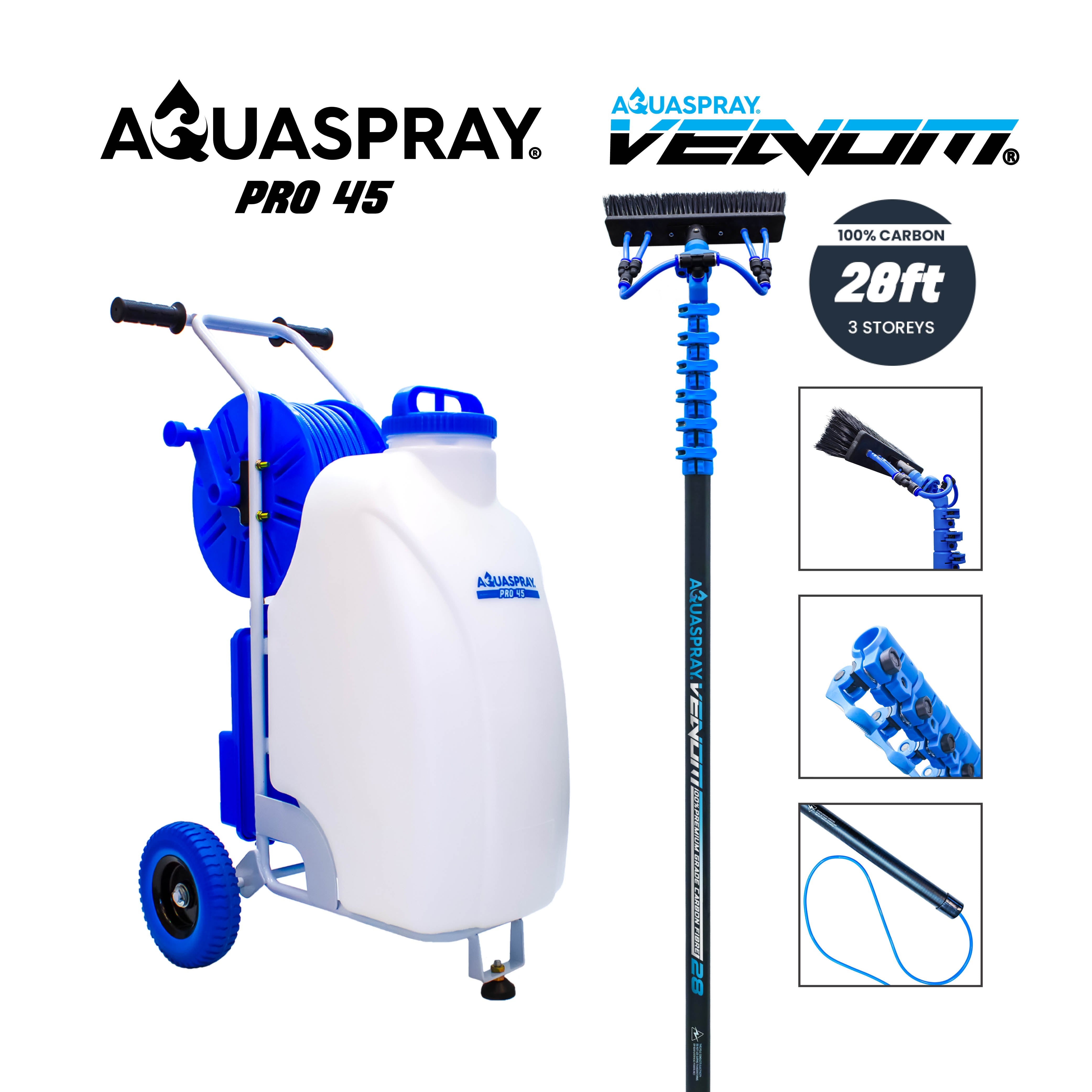 Réservoir de pulvérisation d'eau à piles Aquaspray Pro 45 L avec poteau en carbone de 28 pieds et système de raclette