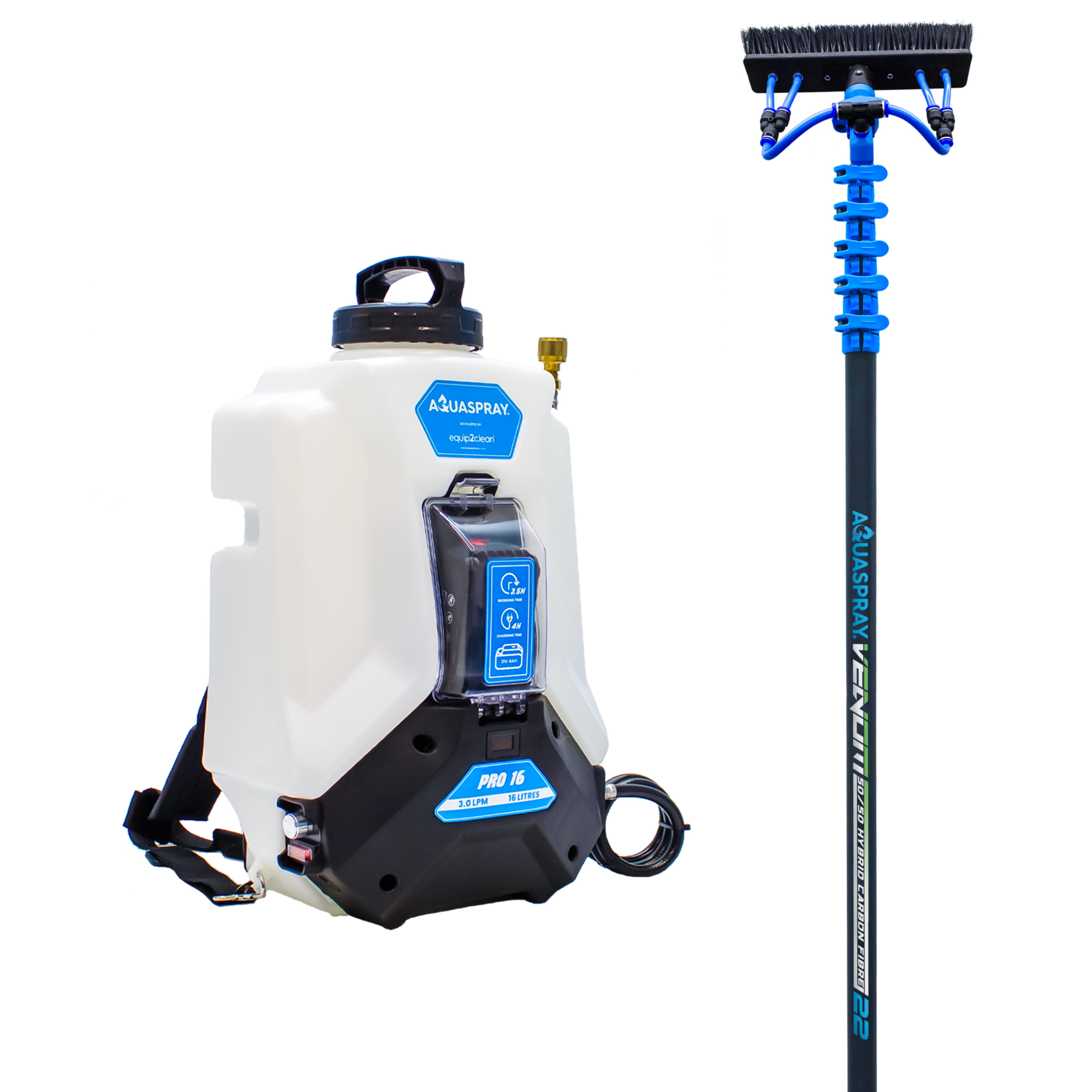 Aquaspray® Pro 16L Battery Operated Water Spray Tank with Aquaspray® Venom 22ft Hybrid 50% Carbon, 50% Fiberglass Waterfed Window Cleaning Pole