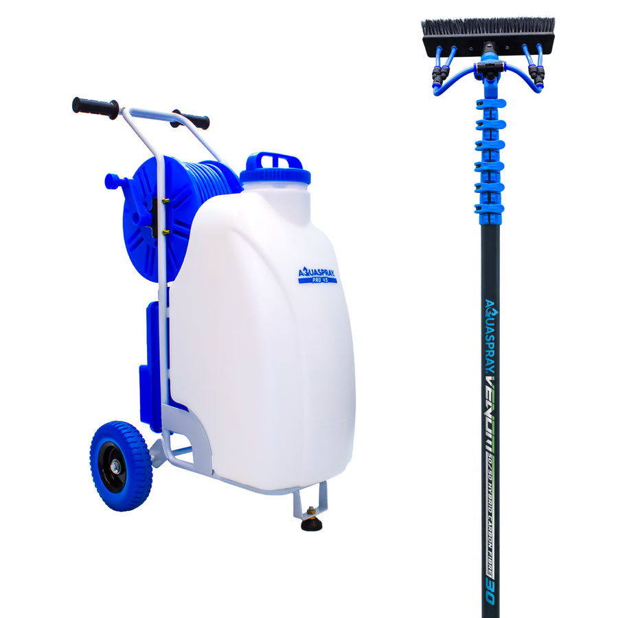 Aquaspray Pro 45L Battery Operated Water Spray Tank with Aquaspray Venom 30ft Hybrid 50% Carbon, 50% Fiberglass Waterfed Window Cleaning Pole