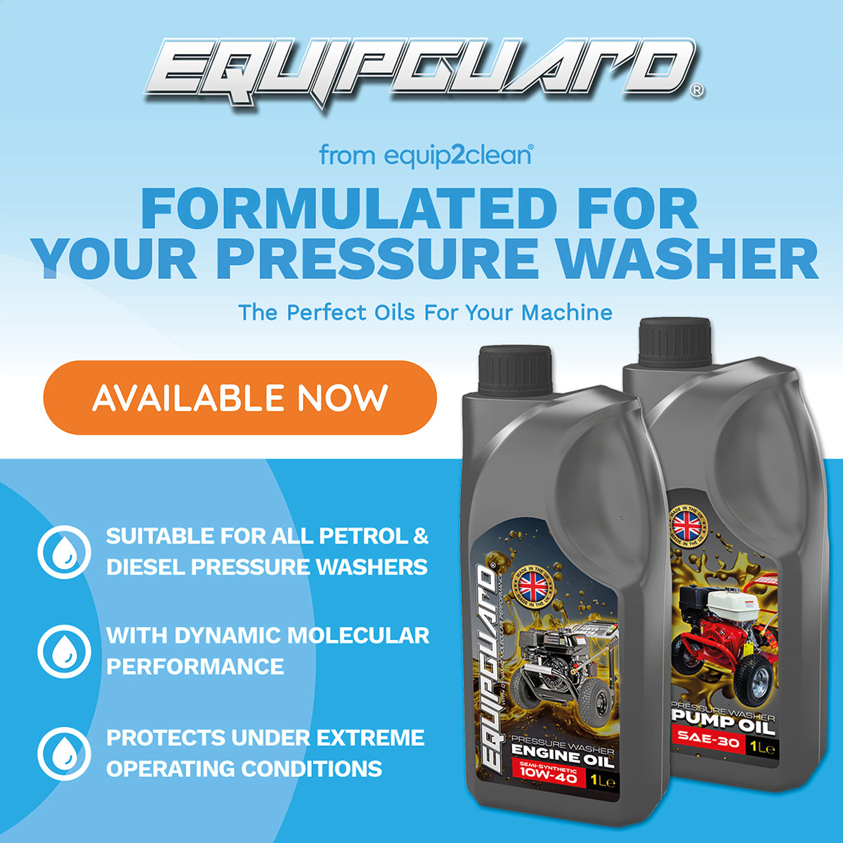 Twin Pack of Equipguard® 10W-40 Engine Oil For Petrol and Diesel Pressure Washers (1L)