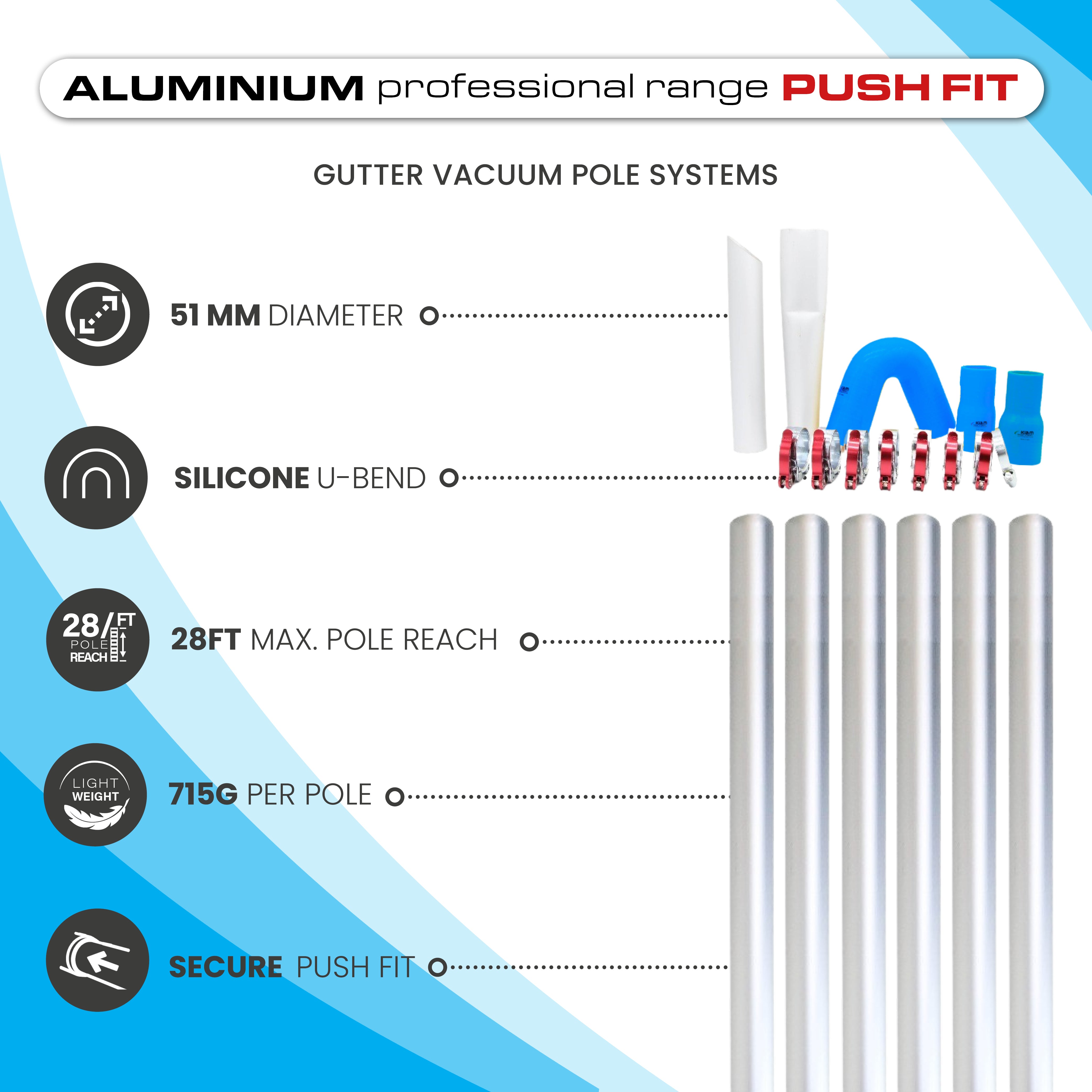 KIT de poteaux d'aspiration de gouttière de 28 pieds, aluminium aérospatial léger (diamètre 51 mm)