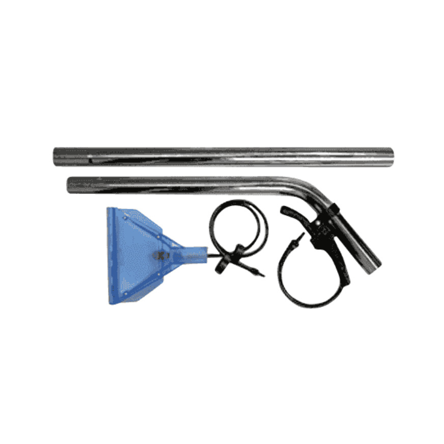 A set of metal and plastic tools on a plain white background, including two long silver metal rods, a blue triangular plastic piece, a black coiled cord, and a black clamp-like attachment.