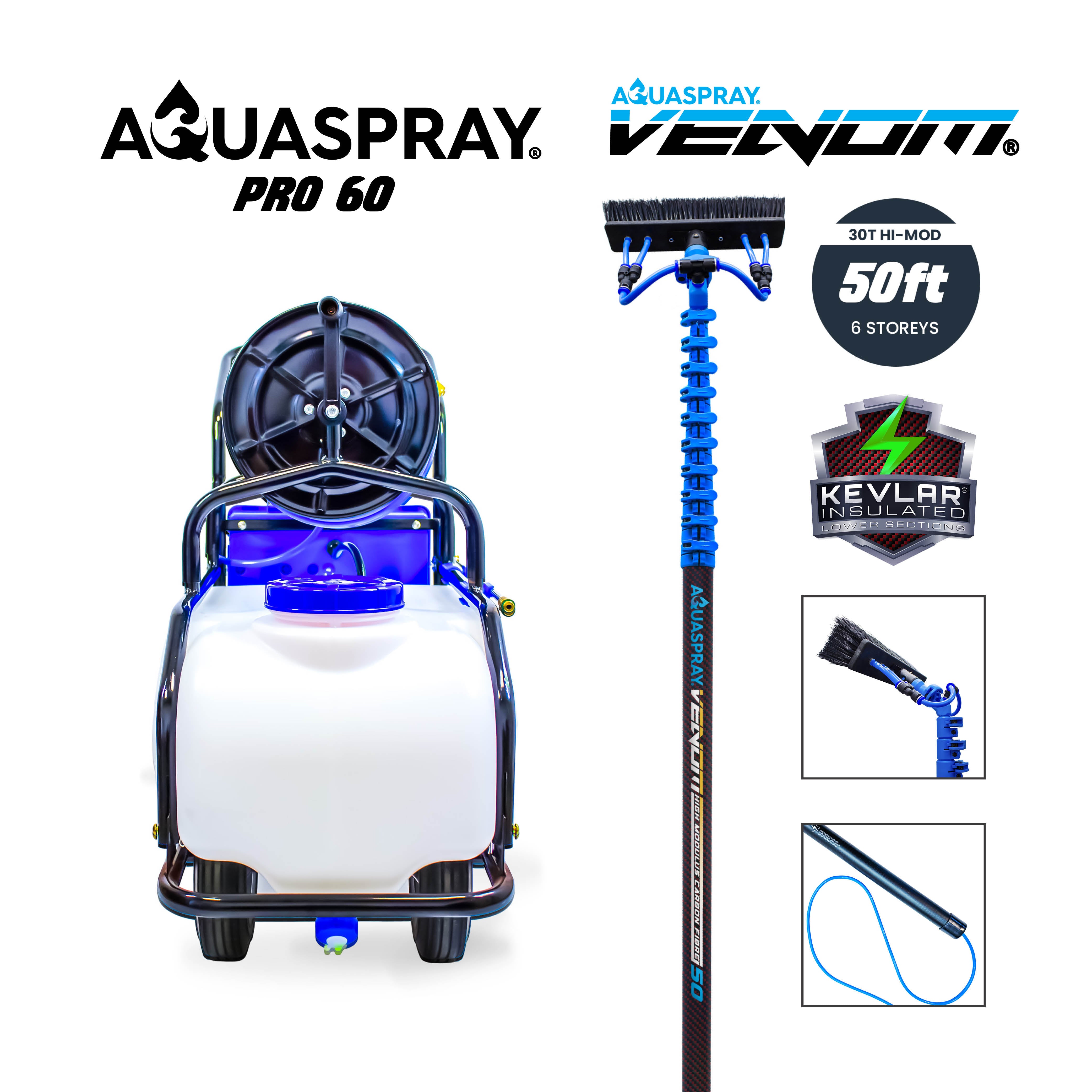 Aquaspray Pro 60L Battery Operated Water Spray Tank with Aquaspray® Venom 50ft 30T High-Mod Kevlar Insulated Waterfed Window Cleaning Pole