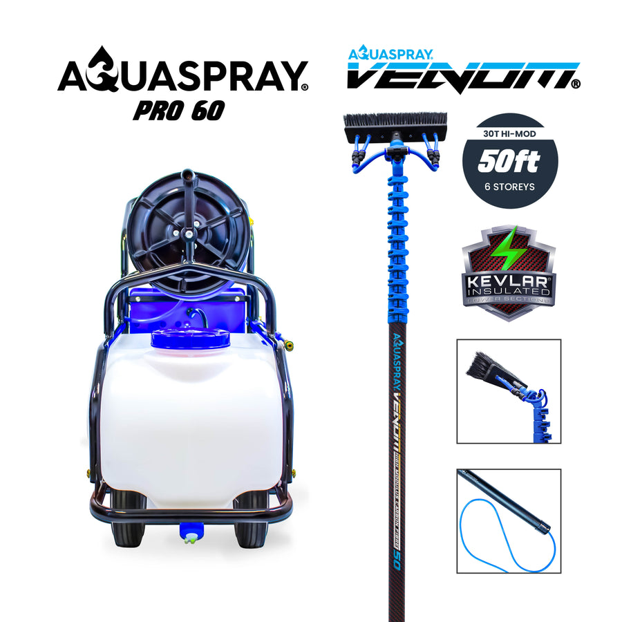 Aquaspray Pro 60L Battery Operated Water Spray Tank with Aquaspray Venom 50ft 30T High-Mod Kevlar Insulated Waterfed Window Cleaning Pole
