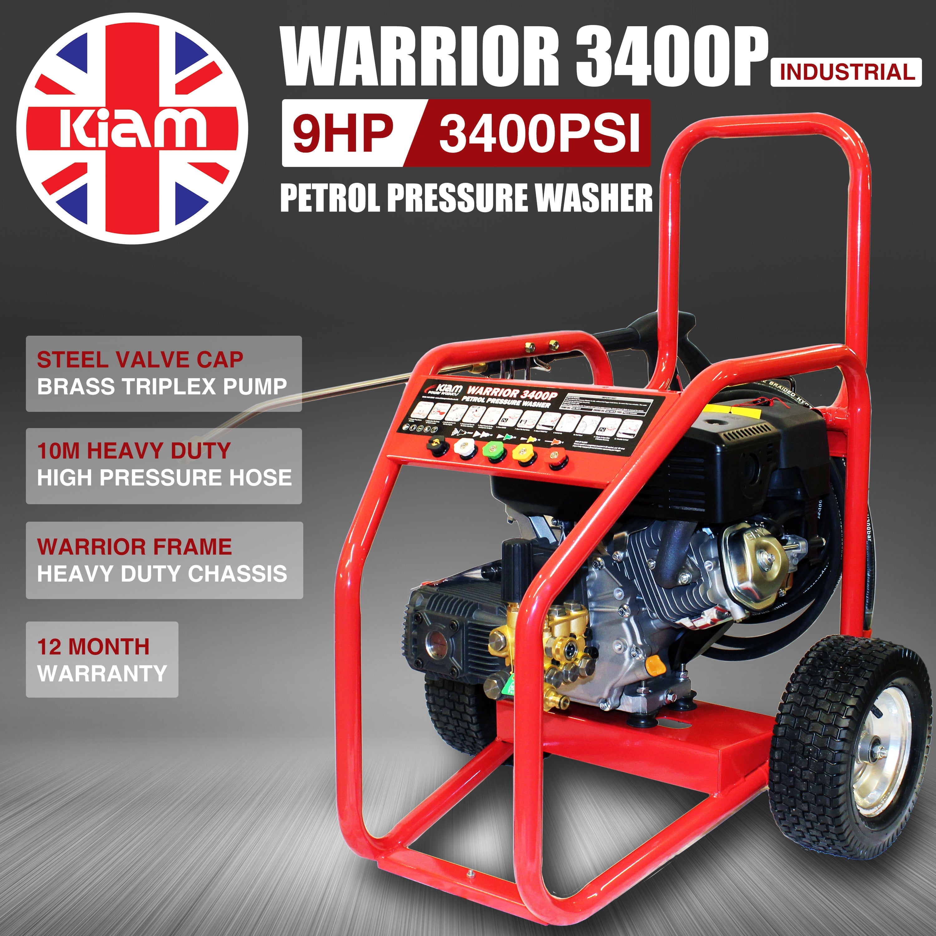 GRADE A Kiam Warrior 3400P Petrol High Pressure Washer Jet Cleaner (9HP)