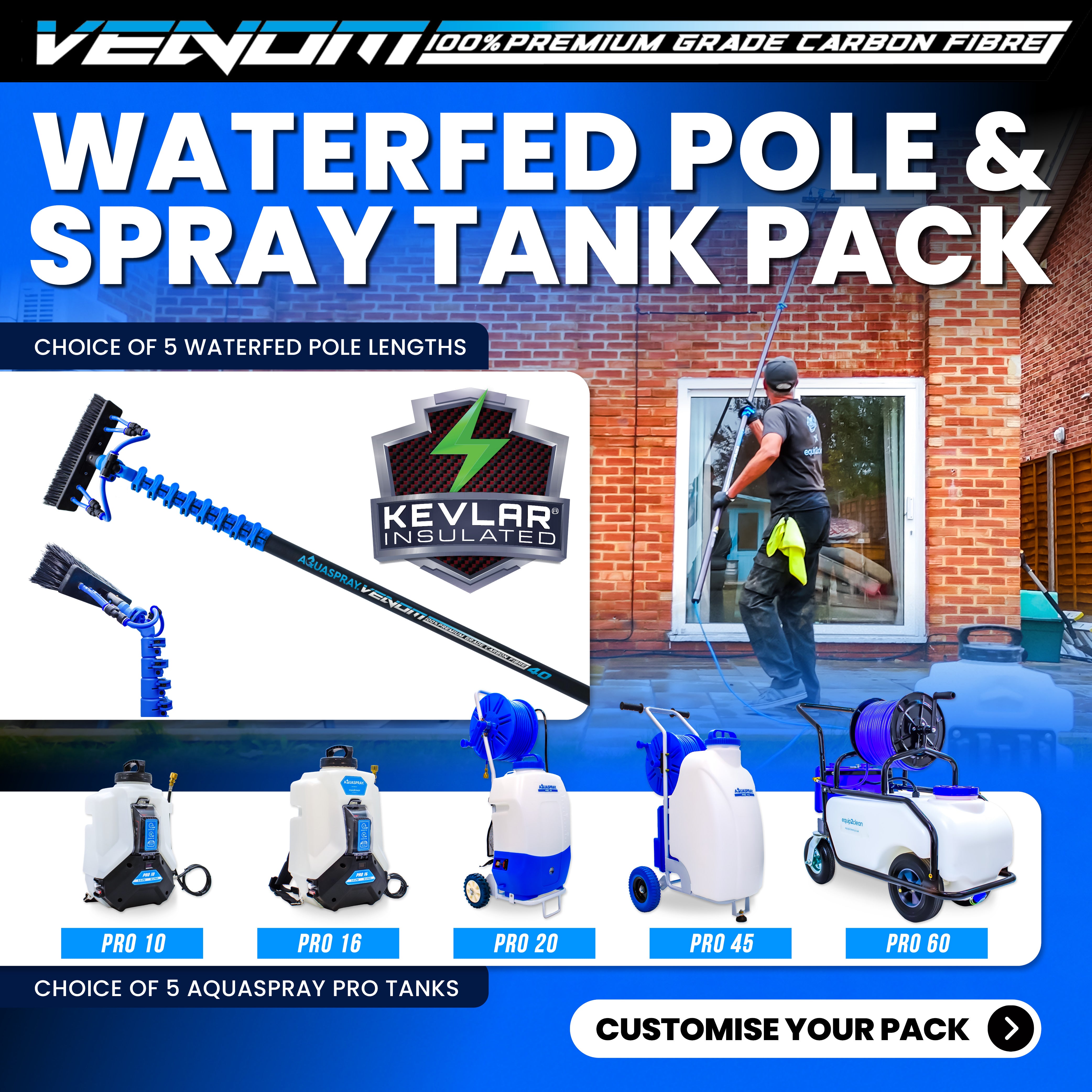 Aquaspray® Venom 100% Carbon Fibre KEVLAR INSULATED Water-Fed Pole & Spray Tank Pack | 18ft–40ft