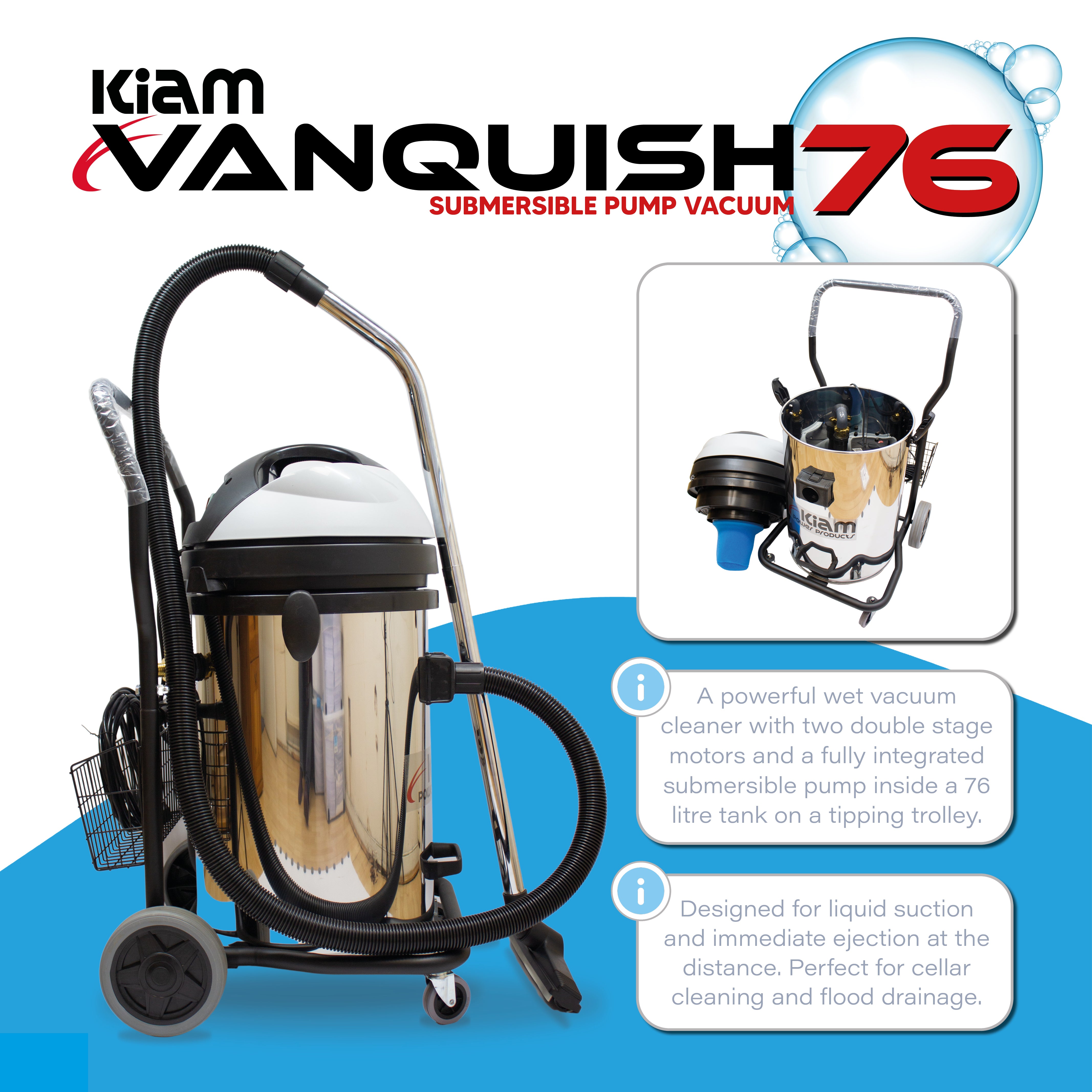 Kiam Vanquish 76 Litre Submersible Pump Wet Vacuum Cleaner