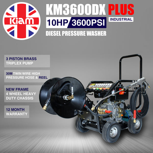 Nettoyeur haute pression diesel industriel Kiam KM3600DX PLUS (10HP) avec enrouleur de tuyau de 30 m
