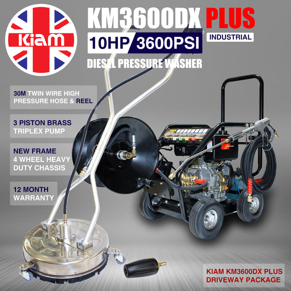 Driveway Cleaning Equipment - KM3600DX PLUS Diesel Pressure Washer, SurfacePro 18 Rotary Surface Cleaner and Turbo Nozzle