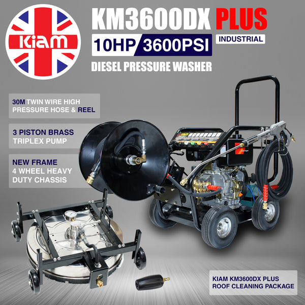 Roof Cleaning Pack - KM3600DX PLUS Diesel Pressure Washer, 30m Hose Reel, Stainless Steel Rotary Roof Cleaner & Turbo Nozzle