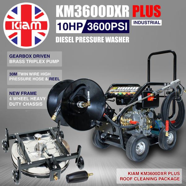 Roof Cleaning Pack - KM3600DXR PLUS (Gearbox) Diesel Pressure Washer, 30m Hose Reel, Stainless Steel Rotary Roof Cleaner and Turbo Nozzle