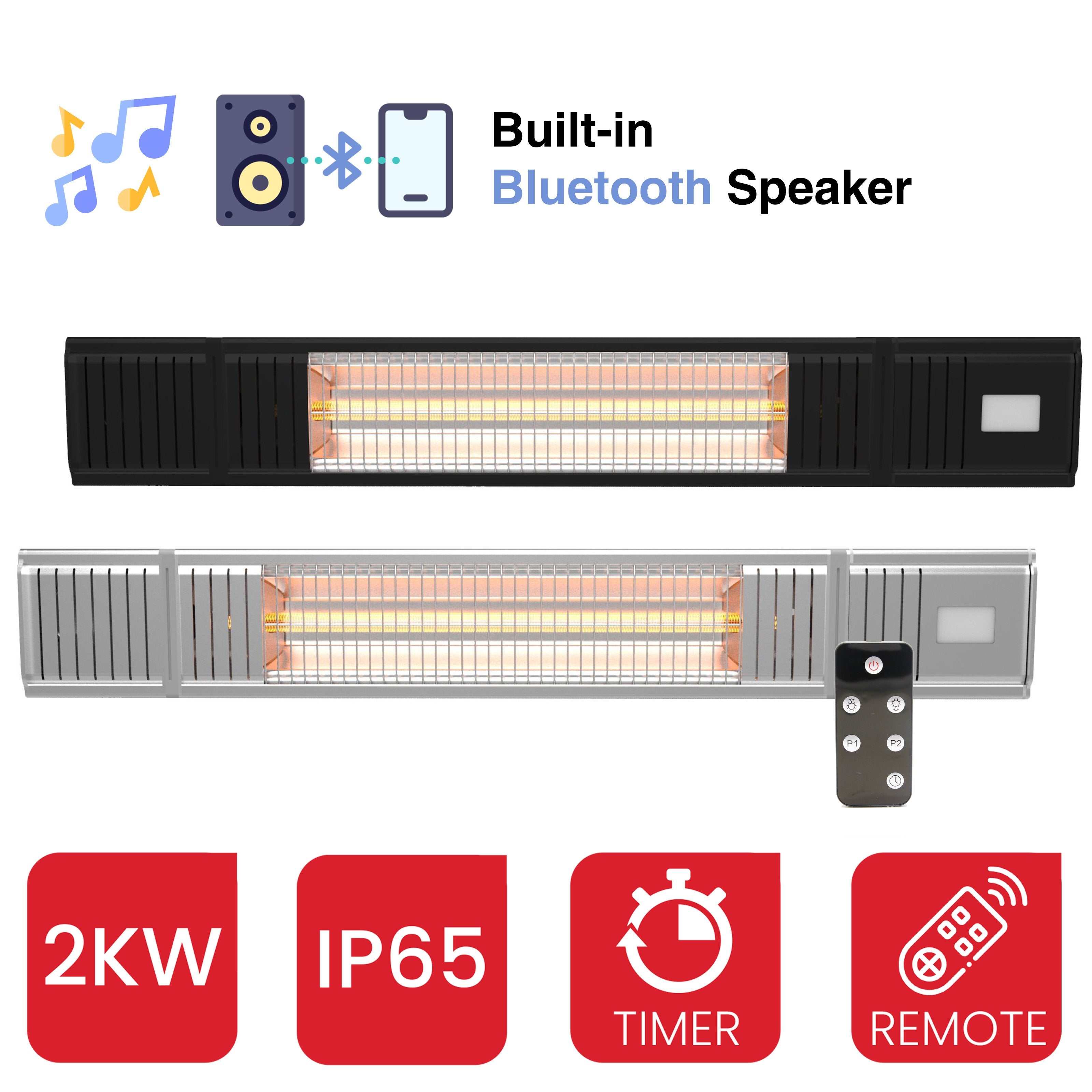 Castle Heaters - Heatbeat 2KW Infrared Outdoor Garden Patio Heater with Bluetooth Speaker & Remote Control